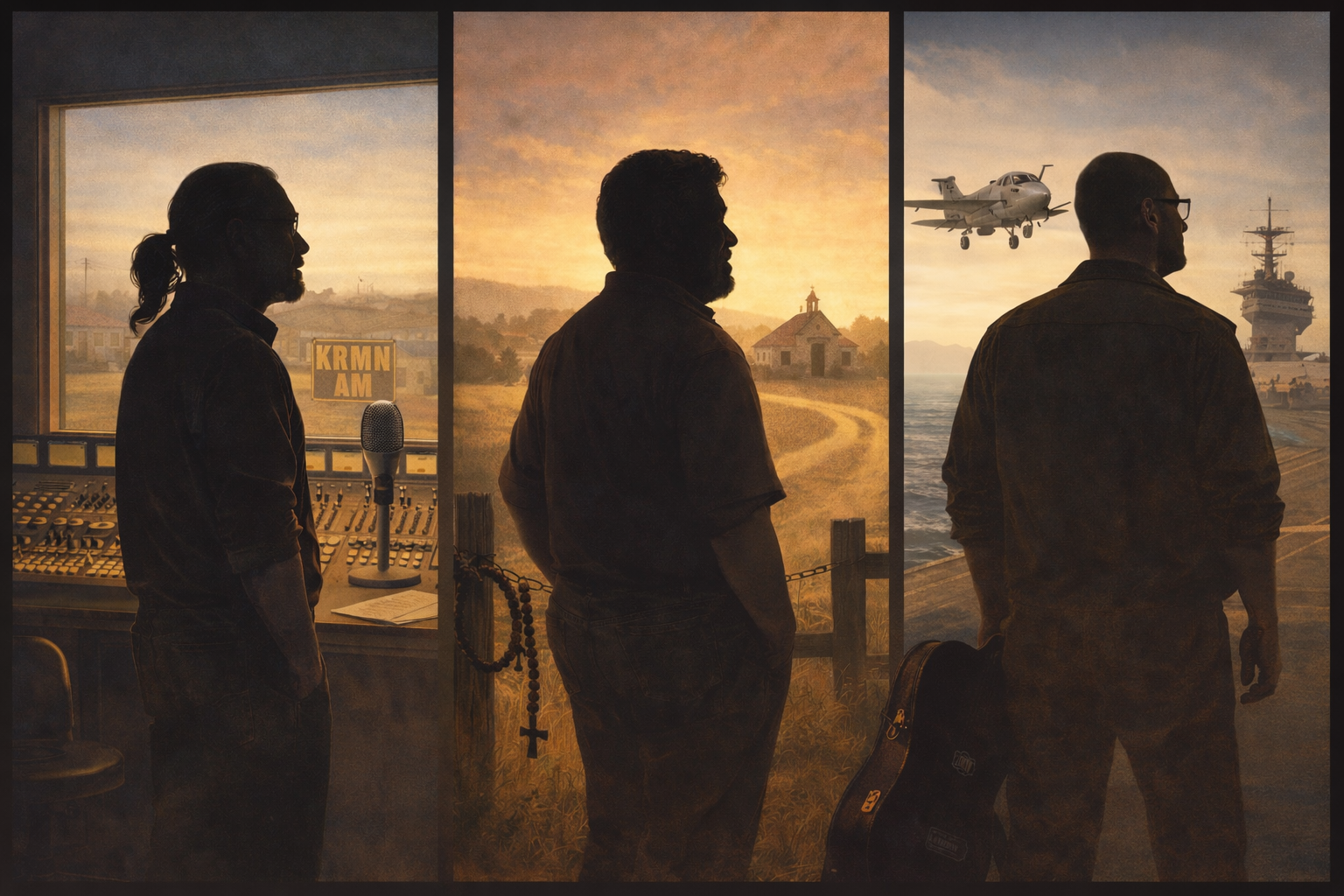 Triptych painting: three silhouettes against a golden sky — a radio station, a dusty road, and an aircraft carrier